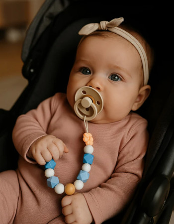 Attache sucette - Fleur Saumon - Bleu