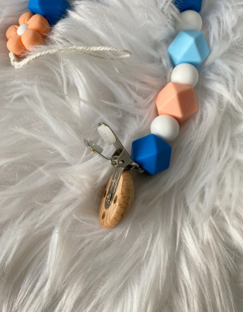 Attache sucette - Fleur Saumon - Bleu