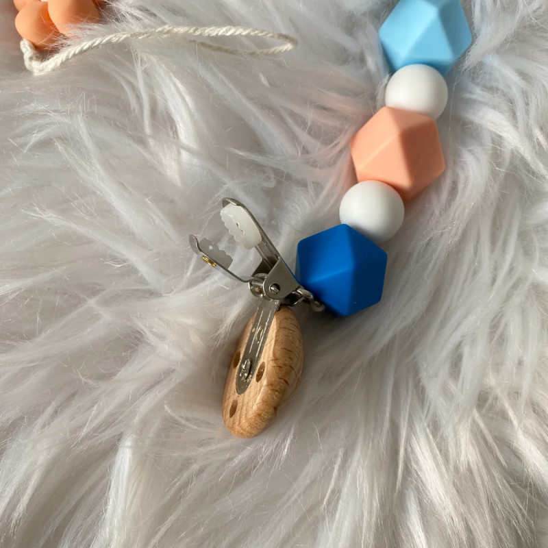 Attache sucette - Fleur Saumon - Bleu