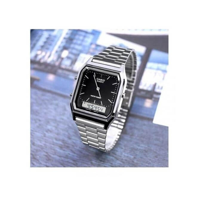Casio – Classique duel time – Vintage collection en fond noir – Bracelet en acier inoxydable – AQ-230A-1DMQ