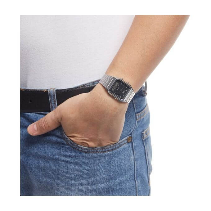 Casio – Classique duel time – Vintage collection en fond noir – Bracelet en acier inoxydable – AQ-230A-1DMQ