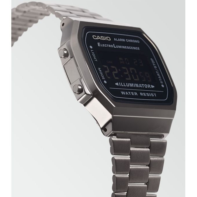 Casio – Chiffres blancs sur fond noir – Bracelet en acier inoxydable noir – A168WGG-1BDF
