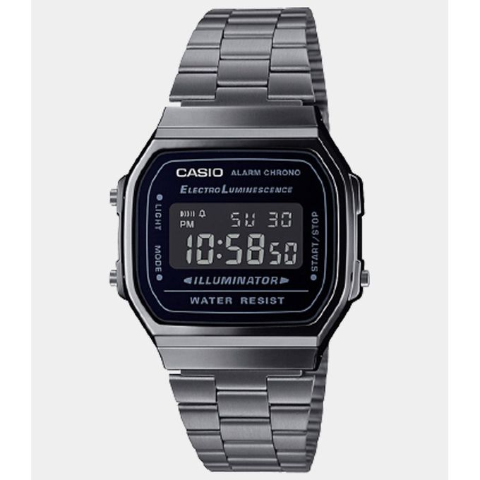 Casio – Chiffres blancs sur fond noir – Bracelet en acier inoxydable noir – A168WGG-1BDF