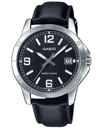 Casio – Noir – Cadran noir avec dateur – Bracelet en cuir noir – MTP-V004L-1B