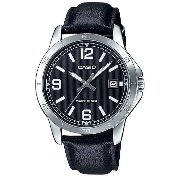 Casio – Noir – Cadran noir avec dateur – Bracelet en cuir noir – MTP-V004L-1B