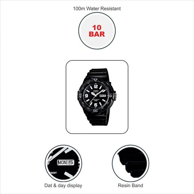 Casio – Dateur à 3h – Résistance à l’eau 100 mètres – MRW-200H-1B2VDF