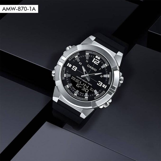 Casio – Autonomie de la pile : 10 ans – Double montre – Bracelet en caoutchouc – AMW-870-1AVDF