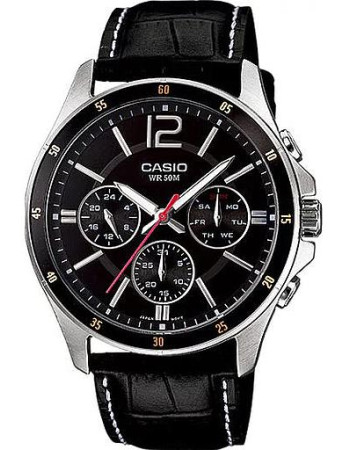 Casio – Bracelet cuir noir couture blanche – Cadran noir – MTP-1374L-1A