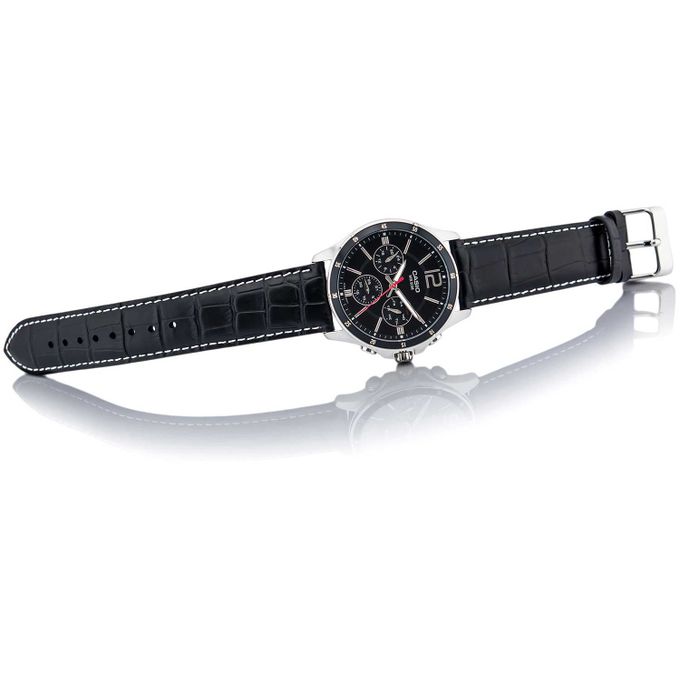 Casio – Bracelet cuir noir couture blanche – Cadran noir – MTP-1374L-1A