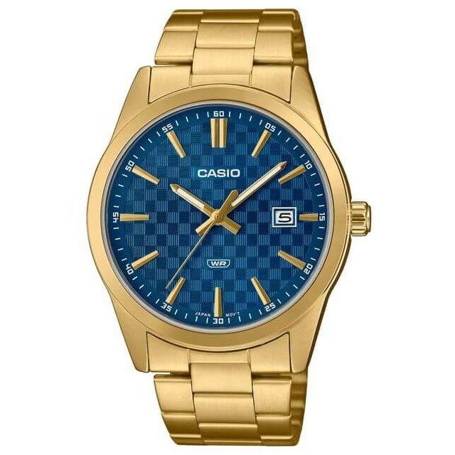 Casio – Montre dorée, cadran bleu et index dorés – Tout en acier inoxydable – Afficheur de date – MTP-VD03G-2A