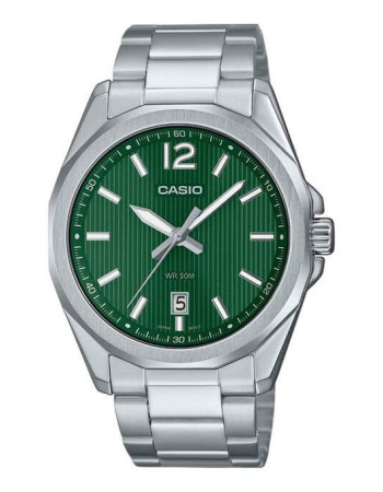 Casio – Dotée d’un cadran vert avec un motif rayé & dateur sur 6h – Acier inoxydable – MTP-E725D-3AV