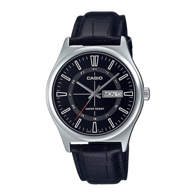 Casio – Montre analogique classique – Bracelet en cuir noir – Dateur jour/mois – MTP-V006L-1C