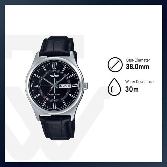 Casio – Montre analogique classique – Bracelet en cuir noir – Dateur jour/mois – MTP-V006L-1C