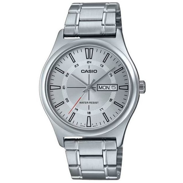 Casio – Affichage date et jour – Cadran blanc métallique – Index en traits – MTP-V006D-7C