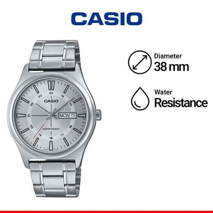 Casio – Affichage date et jour – Cadran blanc métallique – Index en traits – MTP-V006D-7C