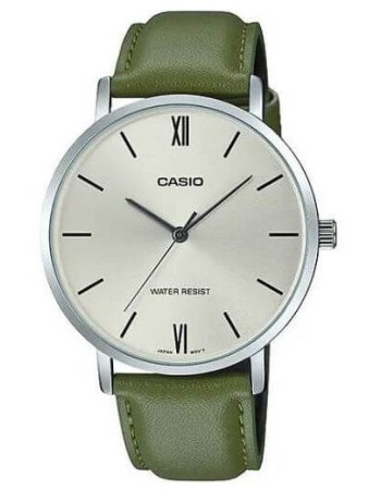 Casio – Bracelet en cuir vert – Cadran argenté – Boîtier extra plat – MTP-VT01L-3B