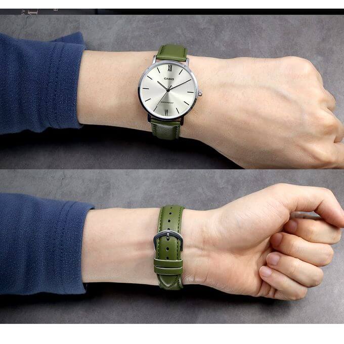 Casio – Bracelet en cuir vert – Cadran argenté – Boîtier extra plat – MTP-VT01L-3B