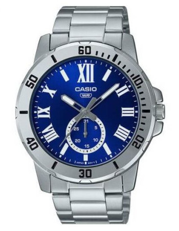 Casio – Avec dateur sous forme de petite seconde – Cadran bleu – Bracelet en acier inoxydable – MTP-VD200D-2B
