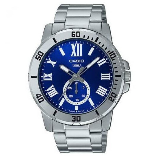 Casio – Avec dateur sous forme de petite seconde – Cadran bleu – Bracelet en acier inoxydable – MTP-VD200D-2B