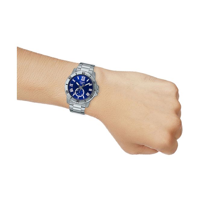 Casio – Avec dateur sous forme de petite seconde – Cadran bleu – Bracelet en acier inoxydable – MTP-VD200D-2B