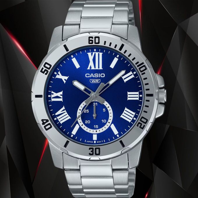 Casio – Avec dateur sous forme de petite seconde – Cadran bleu – Bracelet en acier inoxydable – MTP-VD200D-2B