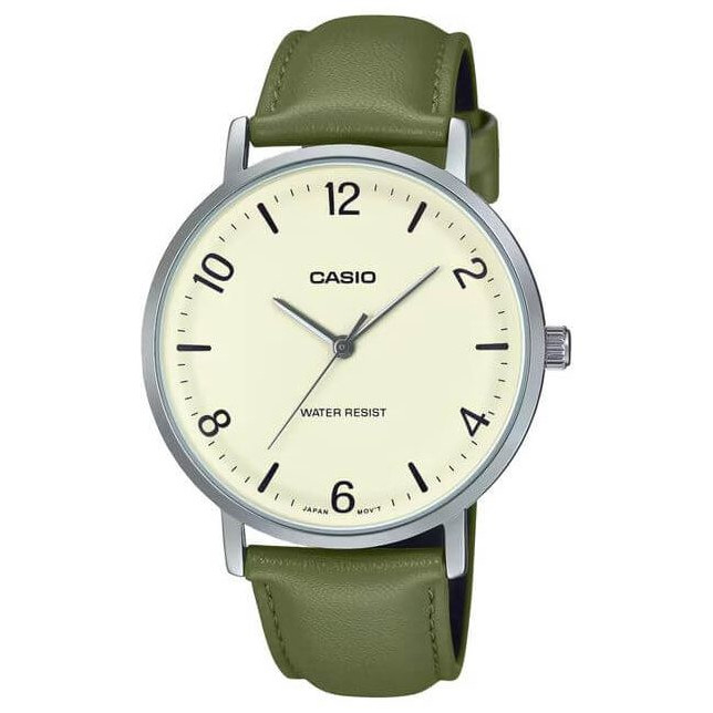 Casio – Montre classique en bracelet cuir vert pour hommes – Index chiffres facile – MTP-VT03L-7B
