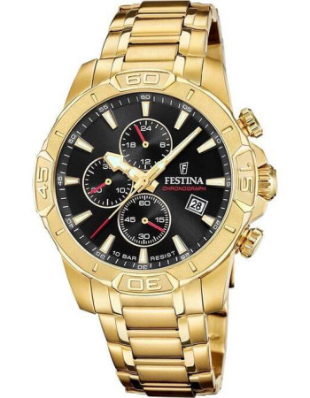 Festina – Montre chronographe dorée et fond noir – Tout en acier inoxydable – Diamètre boîtier : 45 mm & étanche 100 m – F20705/4