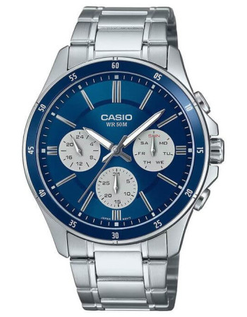 Casio – Montre fond bleu pour hommes – Tout en acier inoxydable & étanche 50 m – MTP-1374D-2A3V Casio – Montre fond bleu pour hommes – Tout en acier inoxydable & étanche 50 m – MTP-1374D-2A3V