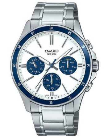 Casio – Design cool et sportif pour hommes – Cadran blanc & étanche 50 m – Tout en acier inoxydable – MTP-1374D-7A2V