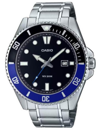Casio – Sous-marine 200 m pour hommes – Cadran noir, lunette rotative noir/bleu – Tout en acier inoxydable – MDV-107D-1A2V