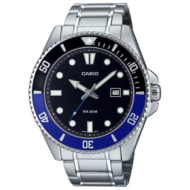 Casio – Sous-marine 200 m pour hommes – Cadran noir, lunette rotative noir/bleu – Tout en acier inoxydable – MDV-107D-1A2V