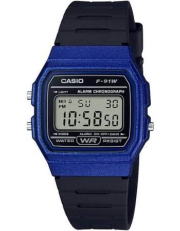Casio – Digital bleu – Bracelet en résine noir – Étanche – Alarme & Chronographe – F-91WM-2ADF