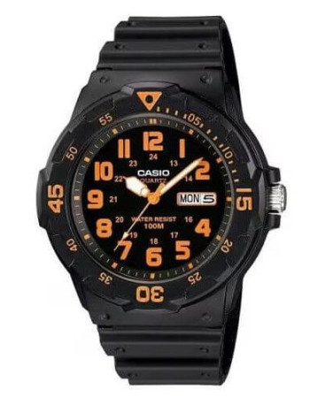Casio – Montre pour hommes chiffres orange – Bracelet en silicone noir – MRW-200H-4BV Casio – Montre pour hommes chiffres orange – Bracelet en silicone noir – MRW-200H-4BV