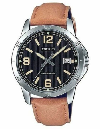 Casio – Cadran noir & Bracelet cuir couleur camel – Avec dateur – MTP-V004L-1B2U