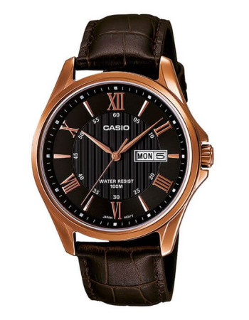 Casio – Bronze cadran noir – Bracelet cuir marron – Avec dateur – MTP-1384L-1AVDF
