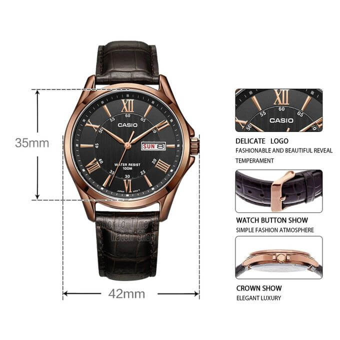 Casio – Bronze cadran noir – Bracelet cuir marron – Avec dateur – MTP-1384L-1AVDF