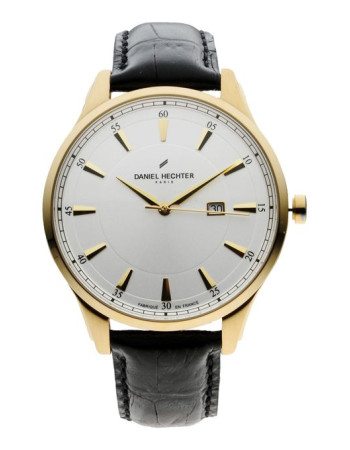 Daniel Hechter – Montre – Fabriquée en France – Doré cadran blanc – Bracelet cuir noir – DHHO19/1BA