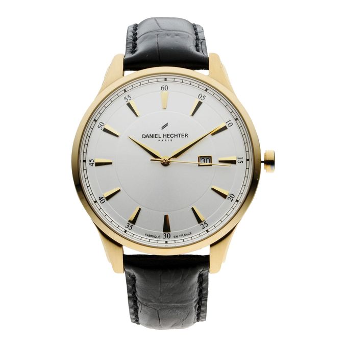 Daniel Hechter – Montre – Fabriquée en France – Doré cadran blanc – Bracelet cuir noir – DHHO19/1BA