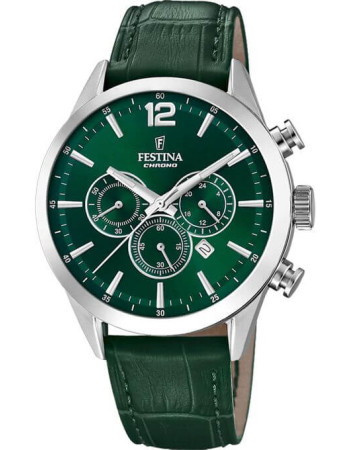Festina – Montre verte chronographe pour hommes – Bracelet cuir vert – Diamètre 43 mm – F20542/7