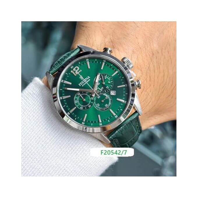 Festina – Montre verte chronographe pour hommes – Bracelet cuir vert – Diamètre 43 mm – F20542/7