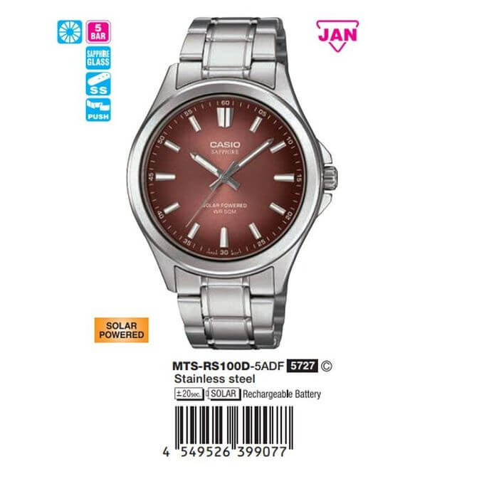 Casio – Montre pour hommes – Solaire & verre saphir inrayable – Fond marron – Tout en acier inoxydable – MTS-RS100D-5ADF