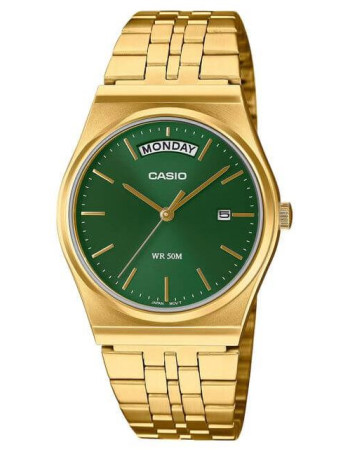Casio – Belle montre classique dorée et fond vert pour hommes – Bracelet en acier inoxydable avec dateur jours/mois – MTP-B146G-3AV