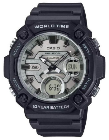 Casio – Robuste & très facile à lire – Double montre avec cadran argenté – Bracelet en résine noir – AEQ-120W-7AV