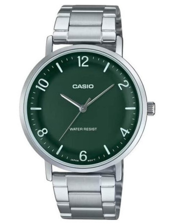 Casio – Montre classique et simple au fond vert avec index chiffres faciles – Étanche & tout en acier – MTP-VT03D-3BDF Casio – Montre classique et simple au fond vert avec index chiffres faciles – Étanche & tout en acier – MTP-VT03D-3BDF