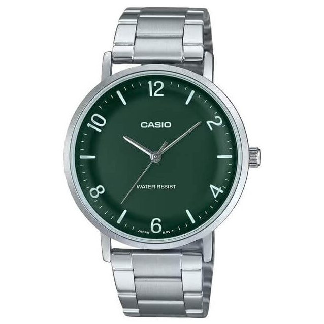 Casio – Montre classique et simple au fond vert avec index chiffres faciles – Étanche & tout en acier – MTP-VT03D-3BDF