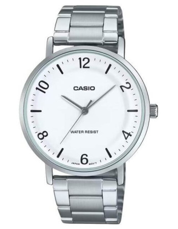 Casio – Montre classique et simple au fond blanc avec index chiffres faciles – Étanche – Tout en acier – MTP-VT03D-7B Casio – Montre classique et simple au fond blanc avec index chiffres faciles – Étanche – Tout en acier – MTP-VT03D-7B
