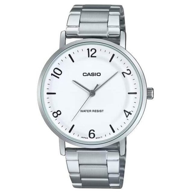 Casio – Montre classique et simple au fond blanc avec index chiffres faciles – Étanche – Tout en acier – MTP-VT03D-7B
