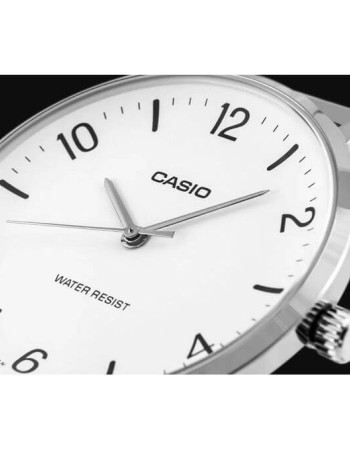 Casio – Montre classique et simple au fond blanc avec index chiffres faciles – Étanche – Tout en acier – MTP-VT03D-7B Casio – Montre classique et simple au fond blanc avec index chiffres faciles – Étanche – Tout en acier – MTP-VT03D-7B