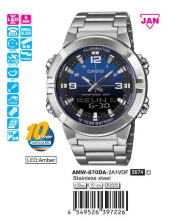 Casio – Montre fond bleu/noir pour homme en acier inoxydable – Analogique / Numérique – AMW-870DA-2A1VDF Casio – Montre fond bleu/noir pour homme en acier inoxydable – Analogique / Numérique – AMW-870DA-2A1VDF