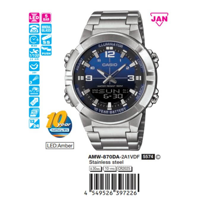 Casio – Montre fond bleu/noir pour homme en acier inoxydable – Analogique / Numérique – AMW-870DA-2A1VDF